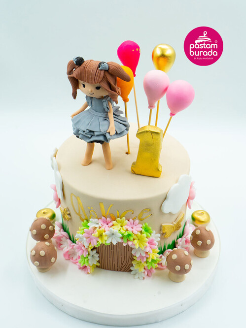Kız Çocuk Figür ve Balonlar Konsept Pasta