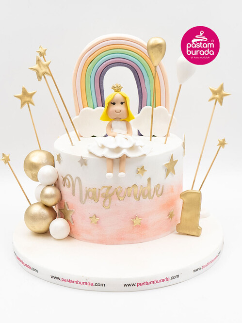 Sarı Saçlı Çocuk Figür ve Gökkuşağı Konsept Pasta