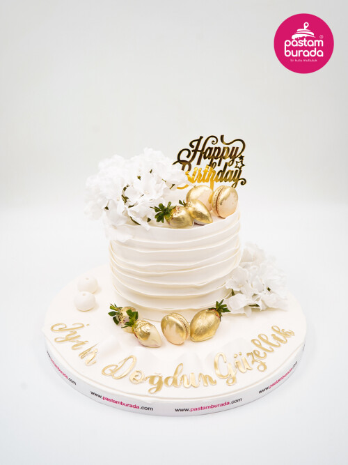 Beyaz Çiçek Gold Detay Pasta