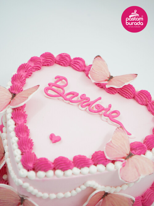 Kelebek Detay Pembe Kalp Naked Cake