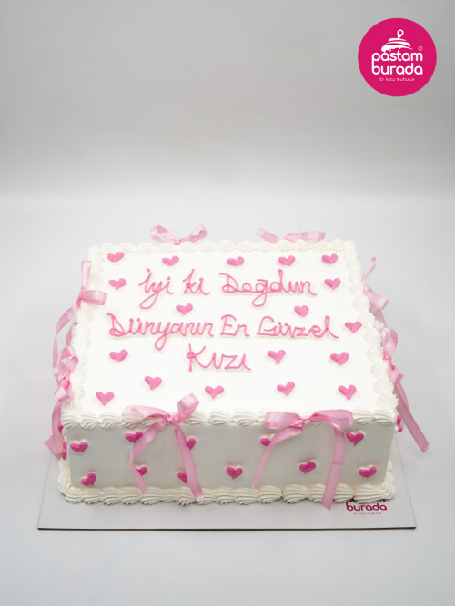 Kalp Detay Pembe Kare Naked Cake