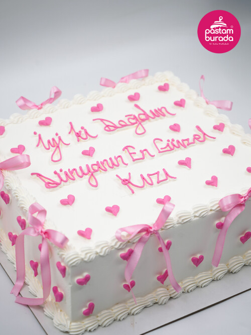 Kalp Detay Pembe Kare Naked Cake