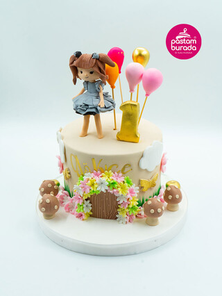 Kız Çocuk Figür ve Balonlar Konsept Pasta