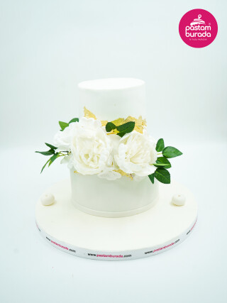 Gold Detay Beyaz Çiçek Söz Pastası